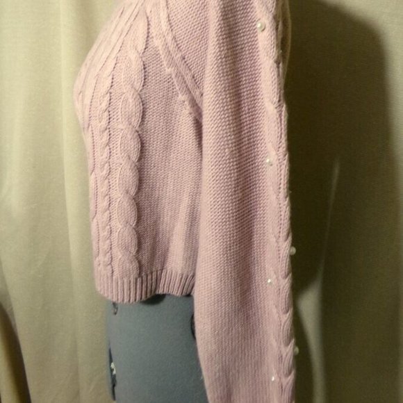 FRESHMAN Cable knit Pearl Beaded Sweater Top XS Pink crop Scoop neck Long Sleev - Picture 4 of 10